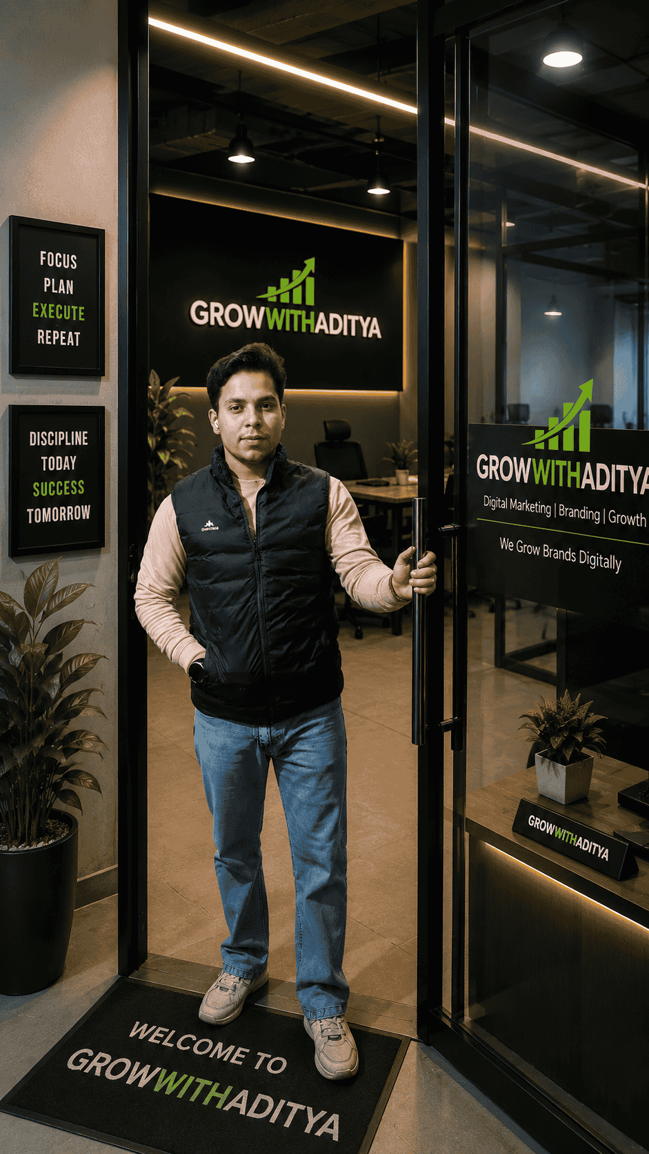 Aditya Mahajan, founder of Grow With Aditya, standing at the entrance of the Grow With Aditya digital marketing office